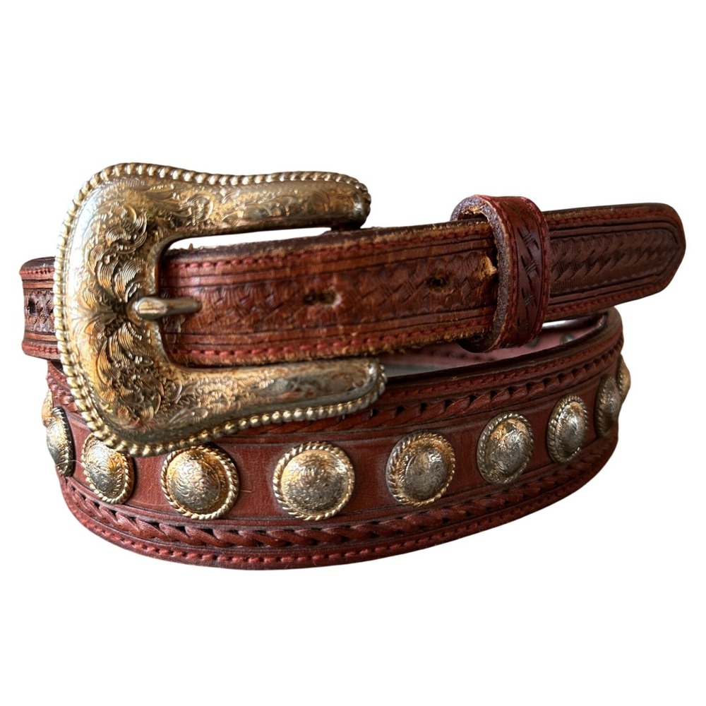 Nocona Brown Hand Tooled Leather Concho Western Belt 38 2415854-38